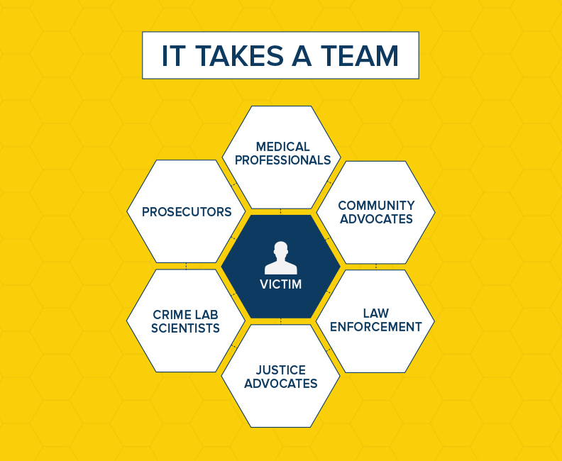 3-it-takes-a-team-2.jpg A graphic depicting various disciplines involved in sexual assault response. With the victim at the center of this work, law enforcement, justice and community advocates, forensic nurses, prosecutors, and crime lab scientists collaborate as a team to move cases forward.