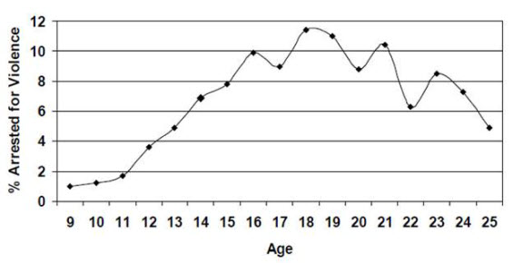 age-crime-curve.jpg An age crime curve showing a steep rise in the likelihood of being arrested for violence between ages 9 and 18 and then a general decline between ages 18 and 25.