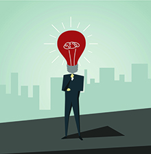 470322677 Illustration of a man in a suit with a big light bulb overhead