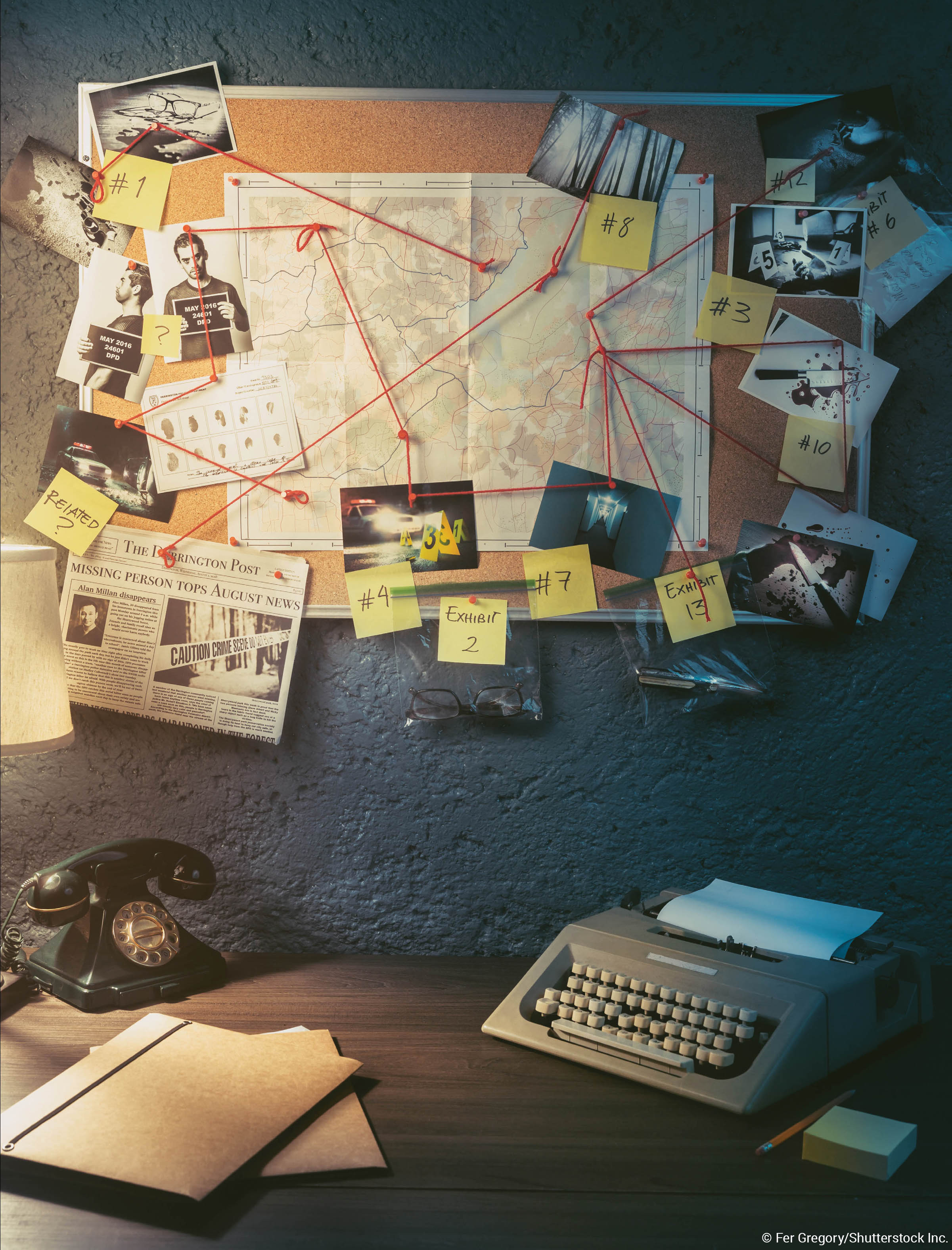 Crime board showing interconnections on a map with images Crime board showing interconnections on a map with images