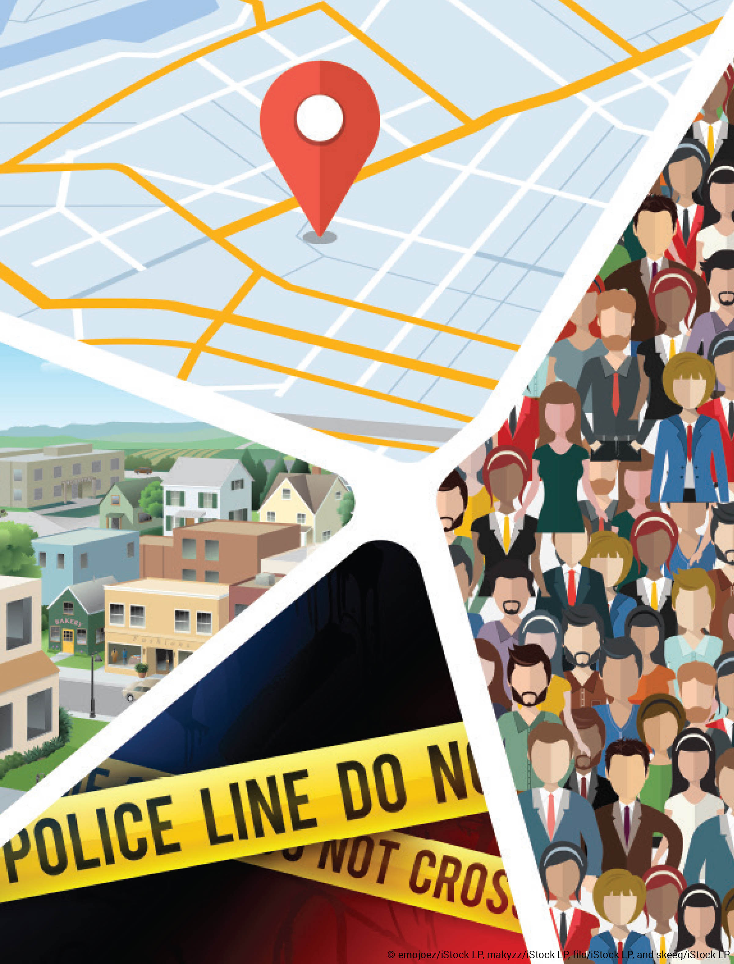 Illustration of map, buildings, a crowd, and police line tape Illustration of map, buildings, a crowd, and police line tape