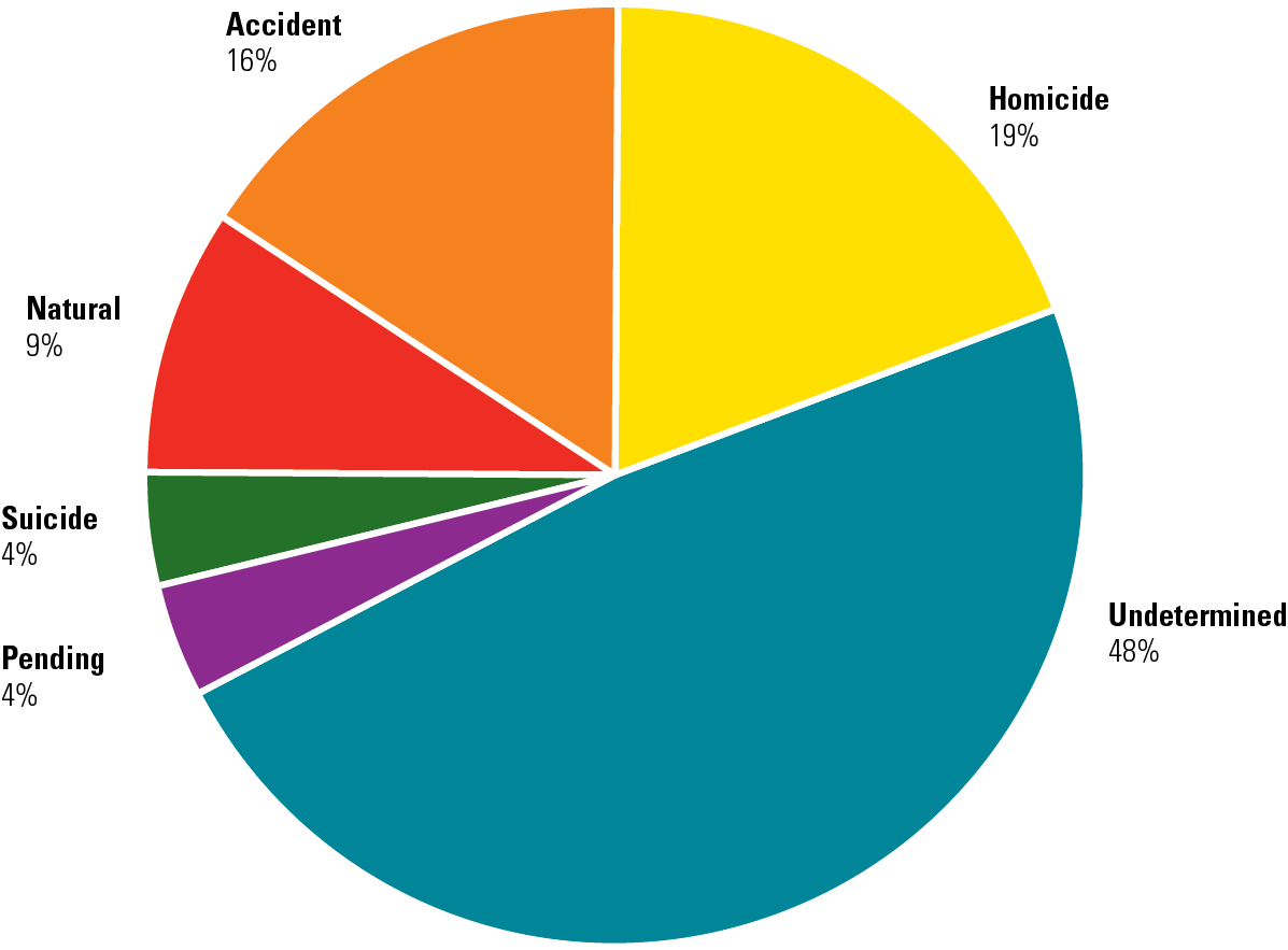 Manner of Death in Active Unidentified Persons Cases in NamUs Manner of death of cases in NamUs: Undetermined 45%,Exhibit 4. Manner of Death in Active Unidentified Persons Cases in NamUs homicide 19%, Accident 16%, Natural 9%, Suicide 4%, Pending 4%