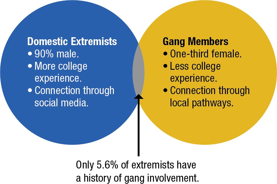 The Strikingly Different Profiles of Gang Members and Domestic Extremists Only 5.6 percent of extremists have a history of gang involvement