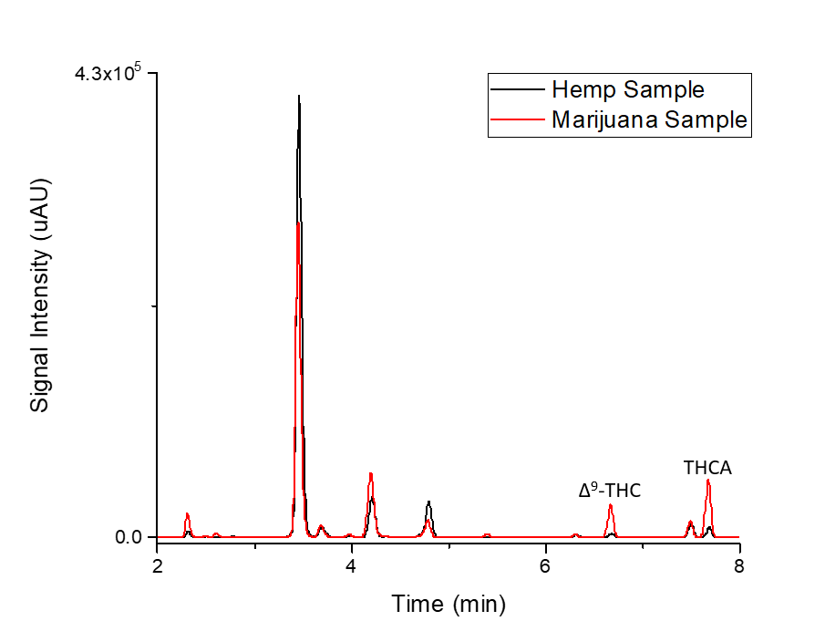 Figure 1: Chromatograms of Cannabinoids in Marijuana and Hemp Samples In chromatograms of cannabinoids in marijuana and hemp samples the amplitude of the peaks in the chromatograms can be used to calculate the amount of the chemical found in the total sample.