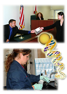 Principles of forensics Introduction two photos, one inside of a courtroom and one inside of a lab