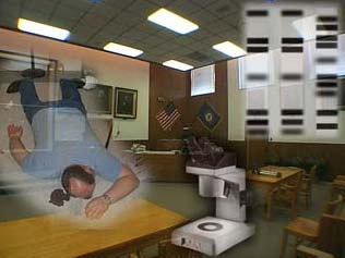 DNA Evidence Overview Image overlay of victim with blood spatter, microscope for dna analysis, and courtroom interior