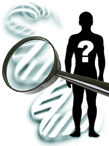 Principles of DNA 02 - Human Question Mark Outline of a person with a question mark on top, as well as a magnifying glass over DNA