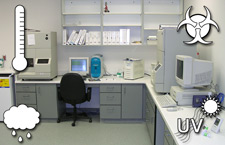 principles_of_dna_05_-_environment_conditions.jpeg Photo of a laboratory, with 4 graphic symbols on top: Thermometer, rain cloud, biohazard, UV/Sun