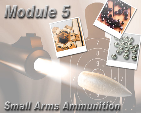 Firearms Examiner 05 - Module 5 Small Arms Ammunition Illustration of a gun being fired with photos of bullet holes and propellants