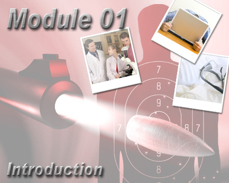 Firearm Examiners 01 - Introduction.jpg Background image CGI of gun firing bullet. Text on top says "Module 01"