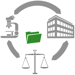 Interacting with crime labs - 2.png illustration of a microscope, set of scales, an office building, and a green file folder