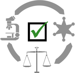 communicatelegislature_building.png illustration with a microscope, set of scales, a police badge, and a checkmark