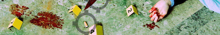 dnaevidence_overview.jpeg image of a crime scene, with a bloody hand, bloody footprint, and bullet shell casing