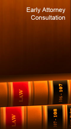 earlyattornyconsultation.jpg Photo of two law book binders. Caption reads, 'Early Attorney Consultation'