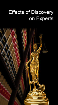 effectsofdiscovery.jpg Photo collage of the lady justice statue in a library. Caption reads, 'Effects of Discovery on Experts'