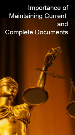 importanceofmaintainingcompletedocuments.jpg Photo of the lady justice statue. Caption reads, 'Maintaining Current and Complete Documents'