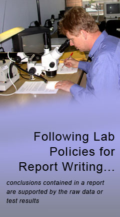 labprocedures.jpg Photo of a lab technician writing a report. Caption reads, 'Following Lab Policies for Report Writing.'
