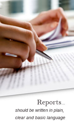 plainlanguage.jpg Photo of a person reviewing a document. Caption reads, 'Reports: should be written in plain, clear and basic language'