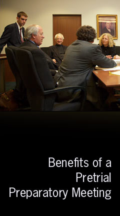 pretrialprepmeeting.jpg Photo of a group of people meeting in a courtroom. Caption says, 'Benefits of a Pretrial Prepatory Meeting'