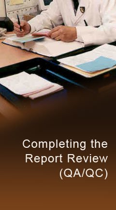 qaqcreport.jpg Photo of lab technician writing a report. Caption reads, 'Completing the Report Review (QA/QC)'