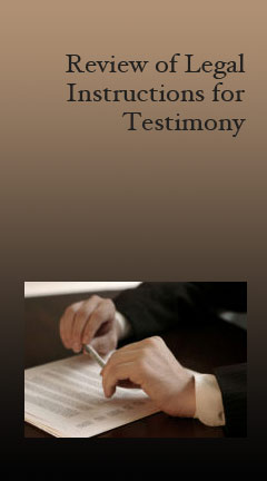 reviewoflegalinstructions.jpg Photo of a female attorney holding a pen over a stack of papers. Caption reads, 'Review of Legal Instructions for Testimony'