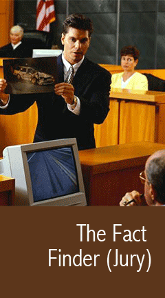 thefactfinder.jpg Photo of a mail attorney introducing evidence in a courtroom. Caption reads, 'The Fact Finder'