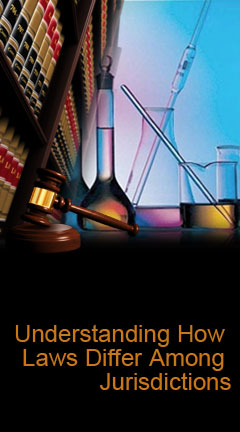 understandinghowlaws.jpg Abstract photo collage of a law library, a set of chemist beakers, and a courtroom gavel. Caption says: 'Understanding How Laws Differ Among Jurisdictions'